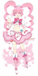 Rule 34 | 10s, 1girl, boots, earrings, hani haruka, heart, heart earrings, highres, jewelry, long hair, magical girl, midriff, navel, open mouth, pink eyes, pink footwear, pink hair, pink princess, pink skirt, puffy sleeves, realmang, short sleeves, six heart princess, skirt, smile, solo, tiara, twintails