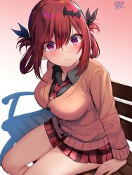 Rule 34 | 1girl, bat hair ornament, bench, breasts, cardigan, closed mouth, collared shirt, commentary request, gabriel dropout, hair between eyes, hair ornament, highres, large breasts, long sleeves, looking at viewer, necktie, oekakizuki, plaid, plaid skirt, purple eyes, red necktie, satanichia kurumizawa mcdowell, shirt, sitting, skirt, solo
