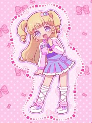Rule 34 | 1girl, :d, blonde hair, bow, chii (chi pppuri), full body, hair ornament, hand up, highres, idol clothes, idol time pripara, jacket, long hair, long sleeves, looking at viewer, open mouth, pink background, pink bow, pink jacket, pretty series, pripara, purple eyes, purple footwear, purple shirt, purple skirt, ringlets, shirt, shoes, skirt, smile, socks, solo, standing, star (symbol), star hair ornament, starry background, two side up, white socks, yumekawa yui