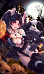 Rule 34 | 1girl, animal ears, bare shoulders, black bow, black hair, black legwear, blush, bow, breasts, cat ears, cat tail, cleavage, collar, earrings, fate/grand order, fate (series), full moon, hair bow, highres, hoop earrings, ishtar (fate), jack-o&#039;-lantern, jewelry, long hair, looking at viewer, moon, night, night sky, obiwan, open mouth, parted bangs, pendant, pumpkin, red bow, red eyes, sky, solo, tail, thighs, tiara, two side up