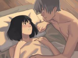 Rule 34 | 1boy, 1girl, bed, bed sheet, bedroom, black hair, blush, bob cut, couple, earrings, futon, game cg, grey hair, hetero, inclusion, jewelry, naked sheet, pillow, short hair, takamichi, under covers