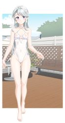 Rule 34 | 1girl, absurdres, asymmetrical bangs, barefoot, bench, blue sky, breasts, cameltoe, casual one-piece swimsuit, cleft of venus, covered navel, day, female pubic hair, flower, frilled one-piece swimsuit, frilled swimsuit, frills, full body, grey hair, hair flower, hair ornament, hairband, highleg, highleg swimsuit, highres, kantai collection, long hair, official alternate costume, one-piece swimsuit, outdoors, park bench, pubic hair, purple eyes, sagiri (kancolle), side-tie swimsuit, sky, small breasts, solo, standing, swept bangs, swimsuit, takafumi, white one-piece swimsuit
