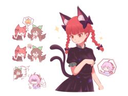 Rule 34 | 3girls, ahoge, animal ear fluff, animal ears, bed sheet, bird wings, black dress, black hair, black wings, blue jacket, bow, braid, brown hair, cat ears, cat tail, chibi, closed eyes, dress, extra ears, fire, frills, green bow, hair ornament, heart, heart hair ornament, highres, holding, holding sheet, jacket, kaenbyou rin, komeiji satori, leaftyannon, light bulb, long hair, long sleeves, multiple girls, multiple tails, official alternate costume, opening door, paw pose, pink hair, puffy short sleeves, puffy sleeves, purple hair, red eyes, red hair, reiuji utsuho, scissors, short hair, short sleeves, simple background, slit pupils, sparks, speech bubble, sweatdrop, tail, third eye, touhou, twin braids, two tails, unfinished dream of all living ghost, white background, wings