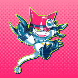 Rule 34 | appmon, claws, digimon, fang, gatchmon, hat, helmet, highres, looking at viewer, magnifying glass, metal claws, smile, tail, yellow eyes