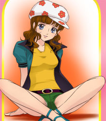 Rule 34 | 1970s (style), 1girl, arm support, arms behind back, belt, blue eyes, brown hair, coco (mon cheri coco), female focus, flower, haruyama kazunori, hat, indian style, lipstick, makeup, mon cheri coco, oldschool, open clothes, open shirt, panties, pantyshot, pink panties, retro artstyle, shirt, shoes, short shorts, shorts, sitting, smile, solo, underwear, upshorts