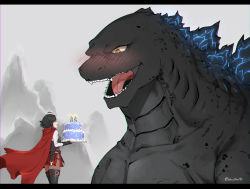 Rule 34 | 1girl, ^ ^, ahoge, bioluminescence, black footwear, black gloves, black hair, blush, boots, buckle, cake, cape, closed eyes, commentary, crossover, dinosaur, english commentary, food, gills, gloves, glowing, glowing spikes, godzilla, godzilla (2014), godzilla (monsterverse), godzilla (series), happy birthday, highres, holding, holding tray, kaijuu, legendary pictures, letterboxed, long sleeves, lulu-chan92, miniskirt, monster, monsterverse, mountain, open mouth, outdoors, pantyhose, red cape, red skirt, ruby rose, rwby, sharp teeth, short hair, side slit, size difference, skirt, spikes, teeth, thigh boots, thighhighs, toho, tongue, tray, twitter username, yellow eyes