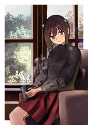 Rule 34 | 1girl, alternate costume, black sweater, bob cut, brown eyes, brown hair, couch, cup, headgear, inverted bob, kantai collection, mug, pleated skirt, red skirt, ribbed sweater, short hair, sidelocks, skirt, solo, steam, sweater, taihou (kancolle), timmyyen, window