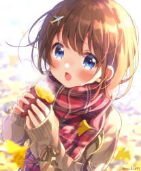Rule 34 | 1girl, airplane hair ornament, blue eyes, blush, brown hair, fang, food, hair ornament, highres, holding, holding food, long hair, long sleeves, looking at viewer, mozukun43, open mouth, original, red scarf, scarf, solo, twitter username, upper body