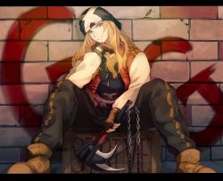 Rule 34 | 1boy, arc system works, axl low, bandana, blonde hair, blue eyes, box, chain, fingerless gloves, gloves, guilty gear, guilty gear strive, long hair, looking at viewer, male focus, online neet, pants, sitting, smile, solo focus, straight hair