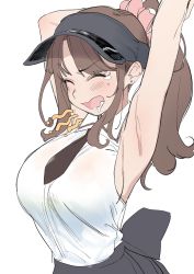 Rule 34 | 1girl, absurdres, armpits, arms up, breasts, brown hair, dorontabi, drooling, earrings, female focus, highres, idolmaster, idolmaster cinderella girls, jewelry, large breasts, ponytail, shirt, sidelocks, simple background, sleeveless, solo, stretching, tears, totoki airi, visor cap, white background, white shirt, yawning