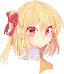 Rule 34 | 1girl, aoi (annbi), ascot, blonde hair, closed mouth, flandre scarlet, frills, from side, hair ribbon, highres, long hair, looking at viewer, looking to the side, no headwear, one side up, pointy ears, portrait, red eyes, red ribbon, ribbon, sidelocks, simple background, solo, tareme, touhou, upper body, white background, yellow ascot
