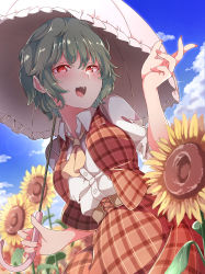 Rule 34 | 1girl, absurdres, ascot, blue sky, blurry, blurry background, blush, breasts, brown corset, collared shirt, commentary request, corset, cowboy shot, day, depth of field, fingernails, flower, garden of the sun, gokuu (acoloredpencil), green hair, hair between eyes, hand up, highres, holding, holding umbrella, huge filesize, kazami yuuka, leaning forward, lens flare, medium breasts, nail polish, open clothes, open collar, open mouth, open vest, parasol, pink nails, plaid, plaid skirt, plaid vest, red eyes, red skirt, red vest, shirt, short hair, short sleeves, skirt, skirt set, sky, smile, solo, sunflower, sunlight, teeth, tongue, touhou, umbrella, vest, white shirt, yellow ascot