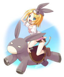 Rule 34 | 1girl, :d, bad id, bad pixiv id, blonde hair, blue eyes, boots, casual, donkey, hair ornament, hairband, kagamine rin, open mouth, riding, shorts, smile, solo, tougyuu yukio, vocaloid