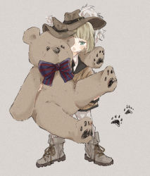 Rule 34 | 1boy, aged down, blunt bangs, blush, bob cut, boots, bow, bowtie, brown headwear, child, cross-laced footwear, full body, green eyes, grey footwear, hat, highres, holding, holding stuffed toy, hug, lace-up boots, legs apart, long sleeves, looking at viewer, matching outfits, necomu, one eye covered, open mouth, paw print, rook hunt, simple background, striped bow, striped bowtie, striped clothes, stuffed animal, stuffed toy, teddy bear, twisted wonderland