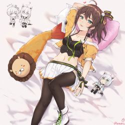 Rule 34 | 2girls, :p, ?, ^ ^, ahoge, animal ears, arm behind head, arm up, bare shoulders, bed sheet, black camisole, black legwear, blush, blush stickers, boots, braid, breasts, brown hair, camisole, cat hair ornament, character doll, chibi, cleavage, closed eyes, closed mouth, clothes pull, collarbone, ebi frion (matsuri channel), envyvanity, fox ears, fox girl, fox tail, green eyes, hair between eyes, hair ornament, heart, hololive, knee up, looking at viewer, lying, midriff, multiple girls, natsuiro matsuri, natsuiro matsuri (1st costume), navel, o o, off-shoulder shirt, off shoulder, on back, open clothes, open shirt, orange shirt, outstretched arms, pantyhose, pleated skirt, puffy short sleeves, puffy sleeves, shirakami fubuki, shirt, short sleeves, silver hair, skirt, small breasts, smile, standing, standing on one leg, tail, thighhighs, tongue, tongue out, twitter username, virtual youtuber, white footwear, white skirt