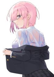 Rule 34 | 1girl, black-framed eyewear, black jacket, black skirt, blazer, blush, bra, bra visible through clothes, breasts, collared shirt, commentary request, fate/grand order, fate (series), from behind, glasses, hair over one eye, hayashi kewi, jacket, long sleeves, looking at viewer, looking back, mash kyrielight, medium breasts, off shoulder, parted lips, pink hair, plaid, plaid skirt, pleated skirt, purple bra, purple eyes, see-through, shirt, simple background, skirt, solo, underwear, wet, wet clothes, wet shirt, white background, white shirt