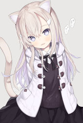 Rule 34 | 1girl, animal ears, arms behind back, black bow, black skirt, black sweater, blonde hair, blush, bow, capriccio, cat ears, cat girl, cat tail, coat, collared shirt, commentary request, dress shirt, grey background, hair between eyes, hair ornament, hairclip, head tilt, hood, hood down, hooded coat, long hair, looking at viewer, multicolored hair, open clothes, open coat, original, parted lips, pleated skirt, profile, purple eyes, purple hair, shirt, simple background, skirt, smile, solo, sweater, tail, translation request, two-tone hair, very long hair, white coat, white shirt