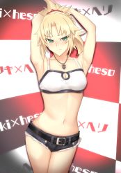 Rule 34 | 1girl, armpits, arms behind head, belt, black belt, black shorts, blonde hair, blush, breasts, cleavage, collarbone, commentary request, cutoff jeans, cutoffs, fate/apocrypha, fate (series), green eyes, hair ornament, hair scrunchie, highres, jewelry, looking at viewer, mordred (fate), mordred (fate/apocrypha), mordred (memories at trifas) (fate), nanaya (ranchenmonhan), necklace, red scrunchie, scrunchie, short hair, short ponytail, short shorts, shorts, small breasts, solo, step and repeat