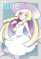Rule 34 | &gt;:&lt;, 1girl, :&lt;, awayuki7777, bare arms, blonde hair, blunt bangs, braid, bright pupils, character name, closed mouth, collared dress, creatures (company), dress, english text, engrish text, game freak, green eyes, hat, lillie (pokemon), long hair, nintendo, pokemon, pokemon sm, ranguage, sleeveless, sleeveless dress, solo, sun hat, sundress, twin braids, typo, v-shaped eyebrows, white dress, white hat