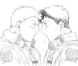 Rule 34 | 2boys, bertolt hoover, blonde hair, blush, brown hair, couple, eye contact, forehead-to-forehead, from side, greyscale, heads together, looking at another, male focus, monochrome, multiple boys, nene (10575936), reiner braun, shingeki no kyojin, short hair, sketch, sweatdrop, upper body, yaoi