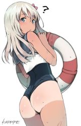 Rule 34 | 10s, 1girl, ?, ass, blue eyes, highres, holding, holding swim ring, innertube, kantai collection, kappipe (brd0520), looking back, one-piece swimsuit, ro-500 (kancolle), silver hair, simple background, solo, swim ring, swimsuit, tan, tanline, thighs, white background