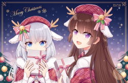 Rule 34 | 2girls, :d, animal ears, beret, blue eyes, box, capelet, christmas, christmas ornaments, christmas tree, collared shirt, commentary request, covered mouth, fur-trimmed capelet, fur trim, gift, gift box, hair between eyes, hat, hitsuki rei, holding, holding gift, looking at viewer, looking back, merry christmas, multiple girls, open mouth, plaid capelet, plaid headwear, purple eyes, red capelet, red headwear, shirt, silver hair, smile, snowdreams -lost in winter-, snowflakes, white shirt, xia qianfan, xue jian