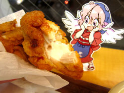 Rule 34 | 1girl, animal ears, chicken (food), earrings, female focus, food, fried chicken, hands on own cheeks, hands on own face, head scarf, japanese clothes, jewelry, mitsumoto jouji, mystia lorelei, obi, okamisty, open mouth, paper child, papercraft (medium), photo (medium), pink hair, purple eyes, sandals, sash, scared, short hair, solo, tabi, tears, touhou, unconventional media, wings