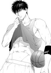 Rule 34 | 1boy, abs, ball, basketball (object), clothes lift, greyscale, highres, holding, holding ball, male focus, monochrome, muscular, muscular male, navel, om3632f, rukawa kaede, short hair, shorts, slam dunk (series), solo, tank top, twitter username
