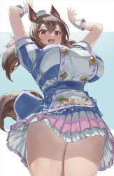 Rule 34 | 1girl, animal ears, apron, arms up, breasts, brown eyes, brown hair, dress, from below, hat, highres, hishi akebono (umamusume), horse ears, horse girl, horse tail, huge breasts, plaster (2501), solo, standing, striped clothes, striped dress, tail, thighs, twintails, umamusume, wrist cuffs