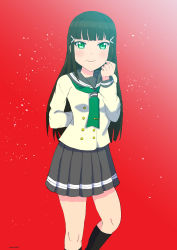 Rule 34 | 1girl, absurdres, aqua eyes, arm behind back, artist name, artist request, bare legs, black hair, black legwear, blunt bangs, blush, breasts, buttons, clenched hand, collarbone, female focus, green eyes, green neckerchief, green necktie, grey sailor collar, grey skirt, hair ornament, hairclip, highres, kurosawa dia, layered skirt, long hair, long sleeves, looking at viewer, love live!, love live! sunshine!!, miniskirt, mole, mole under mouth, neckerchief, necktie, parted lips, plaid, plaid skirt, pleated, pleated skirt, red background, sailor collar, school uniform, shirt, skirt, small breasts, smile, solo, sweater, tie clip, uranohoshi school uniform, white shirt, white sweater