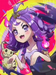 Rule 34 | + +, 1girl, acerola (pokemon), armlet, blush, claws, collarbone, creatures (company), dress, fire, game freak, gen 7 pokemon, ghost pose, highres, inana umi, looking at viewer, mimikyu, nintendo, open mouth, pokemon, pokemon (creature), pokemon sm, purple eyes, purple fire, purple hair, smile, stitches, torn clothes, torn dress