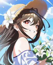 Rule 34 | 1girl, bouquet, brown hair, brown hat, day, floating hair, flower, from side, genshin impact, grin, hat, hat flower, hat ribbon, highres, holding, holding bouquet, hu tao (genshin impact), long hair, off-shoulder shirt, off shoulder, outdoors, red eyes, ribbon, shirt, short sleeves, smile, solo, straw hat, sun hat, symbol-shaped pupils, upper body, white flower, white ribbon, white shirt, wusuobushiheidongsang