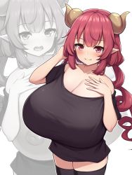 Rule 34 | 1girl, absurdres, black shirt, blush, breasts, cleavage, closed mouth, commentary request, dragon girl, dragon horns, gigantic breasts, highres, horns, ilulu (maidragon), kannko bokujou, kobayashi-san chi no maidragon, long hair, looking at viewer, nipples, pointy ears, red eyes, red hair, shirt, short sleeves, simple background, smile, solo, thighhighs, thighs, twintails, white background, zettai ryouiki, zoom layer