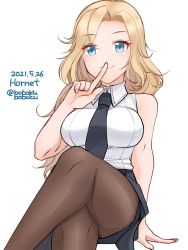 Rule 34 | 1girl, black necktie, black pantyhose, black skirt, blonde hair, bobokuboboku, breasts, character name, commentary request, cowboy shot, dated, dress shirt, finger to mouth, grey eyes, hornet (kancolle), kantai collection, large breasts, long hair, necktie, one-hour drawing challenge, pantyhose, pencil skirt, shirt, simple background, skirt, sleeveless, sleeveless shirt, solo, twitter username, white background, white shirt