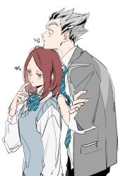 Rule 34 | 1boy, 1girl, :t, blazer, bokuto koutarou, bow, bowtie, brown eyes, brown hair, closed mouth, eyebrows, eyelashes, finger to mouth, grey hair, haikyuu!!, head on head, head rest, height difference, highres, jacket, long sleeves, looking to the side, multicolored hair, necktie, open clothes, open jacket, profile, school uniform, sh0mew0r38kso, shirofuku yukie, shirt, short hair, simple background, standing, sweater vest, two-tone hair, white background, white shirt