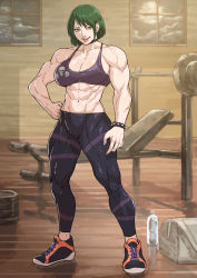 Rule 34 | 1girl, absurdres, barbell, bob cut, bottle, bracelet, breasts, choker, cirenk, green hair, gym, highres, jewelry, large breasts, looking at viewer, muscular, muscular female, open mouth, original, red eyes, short hair, solo, spiked bracelet, spikes, sportswear, water bottle