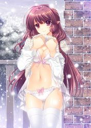 Rule 34 | 1girl, absurdres, blush, bow, bow bra, bow panties, bra, breasts, brick wall, cardigan, cleavage, clothes lift, cowboy shot, dress, dress lift, hair ribbon, highres, lithia, long hair, long sleeves, looking at viewer, medium breasts, navel, nishimata aoi, panties, pink bow, pointy ears, red eyes, red hair, ribbon, shuffle! episode 2, sidelocks, smile, snowing, solo, standing, thighhighs, underwear, white bra, white dress, white panties, white ribbon, white thighhighs
