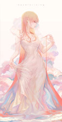 Rule 34 | 1girl, absurdly long hair, blonde hair, blue eyes, breasts, cloud, contrapposto, covered navel, dress, english text, gradient hair, highres, long hair, medium breasts, multicolored hair, no bra, no panties, orange hair, original, pink hair, red hair, solo, standing, strap slip, sul ( 20sub), very long hair, wet, wet clothes, wet dress, white dress