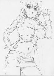 Rule 34 | 1girl, breasts, card, cleavage, covered erect nipples, greyscale, holding, holding card, huge breasts, kasanui, midriff, miniskirt, monochrome, pencil skirt, rio rollins, sketch, skirt, solo, super blackjack