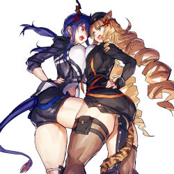 Rule 34 | 2girls, anger vein, angry, animal ears, arknights, ass, asymmetrical docking, beret, blue hair, breast press, breasts, brown hair, ch&#039;en (arknights), commentary request, confrontation, dragon horns, dragon tail, drill hair, green eyes, hat, highres, horns, large breasts, leg between thighs, melon22, miniskirt, multiple girls, red eyes, shorts, skirt, swire (arknights), tail, thighhighs, thighs, tiger ears, tiger tail, twin drills