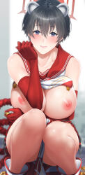 1girl animal_ears black_eyes black_hair blue_archive breasts breasts_out closed_mouth collarbone elbow_gloves extra_ears feet_out_of_frame gloves halo highres large_breasts looking_at_viewer nipples panties red_gloves red_halo red_sailor_collar rope sailor_collar shimenawa short_hair smile solo squatting tsubaki_(blue_archive) underwear white_footwear white_panties zucchini