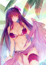 Rule 34 | 1girl, bangle, bare arms, bare shoulders, bikini, blush, bracelet, breasts, bridal garter, cleavage, collarbone, commentary request, cowboy shot, day, fate/grand order, fate (series), fingernails, flower, hair between eyes, hair flower, hair intakes, hair ornament, halterneck, hand up, hibiscus, highres, holding, jewelry, large breasts, leaf, lens flare, light particles, long hair, looking at viewer, navel, obiwan, outdoors, palm leaf, parted lips, purple bikini, purple flower, purple hair, red eyes, sarong, scathach (fate), scathach (fate/grand order), scathach (swimsuit assassin) (fate), see-through, shiny skin, signature, smile, solo, standing, stomach, sunlight, sweat, sweatdrop, swimsuit, thigh gap, thigh strap, thighs, very long hair