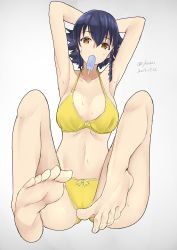 Rule 34 | 10s, 1girl, absurdres, barefoot, bikini, black hair, blush, breasts, brown eyes, feet, food, girls und panzer, groin, highres, irukatto, large breasts, navel, pepperoni (girls und panzer), popsicle, soles, solo, swimsuit, toes, yellow bikini