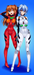 Rule 34 | 2girls, ;d, ayanami rei, bad id, bad pixiv id, blue eyes, blue hair, bodysuit, breasts, curvy, full body, hand on own hip, highres, interface headset, long hair, medium breasts, multiple girls, neon genesis evangelion, one eye closed, open mouth, orange hair, plugsuit, red eyes, sen (sansui), shiny clothes, shiny skin, short hair, skin tight, smile, souryuu asuka langley, standing, thighs, wide hips