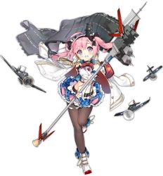 Rule 34 | 1girl, ahoge, aircraft, armband, azur lane, black pantyhose, cannon, detached sleeves, full body, hair ribbon, headband, jacket, looking at viewer, military jacket, official art, pantyhose, pink hair, remodel (azur lane), ribbon, saratoga (azur lane), saratoga (retrofit) (azur lane), saru, solo, staff, transparent background, twintails