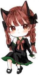 Rule 34 | 1girl, animal ears, aoringo orin, arm support, black bow, black dress, black footwear, blush, bow, bowtie, braid, cat ears, chibi, closed mouth, dress, expressionless, extra ears, full body, hair bow, hair ribbon, hand up, highres, juliet sleeves, kaenbyou rin, long hair, long sleeves, looking to the side, mary janes, puffy sleeves, red bow, red bowtie, red eyes, red hair, ribbon, shoes, simple background, sitting, solo, touhou, tress ribbon, twin braids, twintails, white background