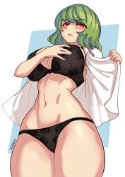Rule 34 | 1girl, absurdres, black bra, black panties, blush, bra, breasts, commentary, commentary request, commission, cowboy shot, english commentary, green hair, highres, huge breasts, kazami yuuka, lace, lace panties, lingerie, looking at viewer, navel, nicecream, open clothes, open shirt, panties, parted lips, red eyes, shirt, short hair, signature, solo, touhou, underwear, variant set, white shirt
