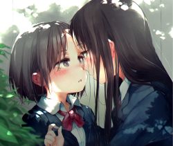 Rule 34 | 2girls, black hair, blazer, blue jacket, blurry, blurry foreground, blush, bow, brown eyes, collared shirt, commentary request, depth of field, dress shirt, eye contact, gomennasai, imminent kiss, jacket, kiss day, long hair, looking at another, multiple girls, nose blush, open clothes, open jacket, original, parted bangs, profile, red bow, school uniform, shirt, upper body, white shirt, yuri
