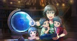 Rule 34 | 1girl, 3boys, ahoge, akizuki ryo, book, brown eyes, brown hair, child, finger to mouth, fingernails, glasses, globe, green shirt, highres, hood, hoodie, idolmaster, idolmaster side-m, idolmaster side-m growing stars, library, light bulb, multiple boys, official art, open mouth, pink shirt, plant, pointing, print shirt, red hoodie, shirt, short sleeves, smile, stairs, teeth, upper teeth only, watch, wristwatch