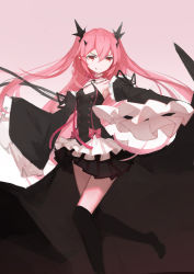 Rule 34 | 1girl, black ribbon, black shirt, black skirt, black thighhighs, blouse, breasts, choker, detached sleeves, fang, fang out, floating hair, hair between eyes, hair ornament, highres, krul tepes, layered skirt, leg up, long hair, looking at viewer, nero (nilu), owari no seraph, pink background, pink hair, pleated skirt, red eyes, red ribbon, ribbon, shirt, sideboob, simple background, skirt, sleeveless, sleeveless shirt, sleevles shirt, slit pupils, small breasts, smile, solo, thighhighs, twintails, two side up, very long hair